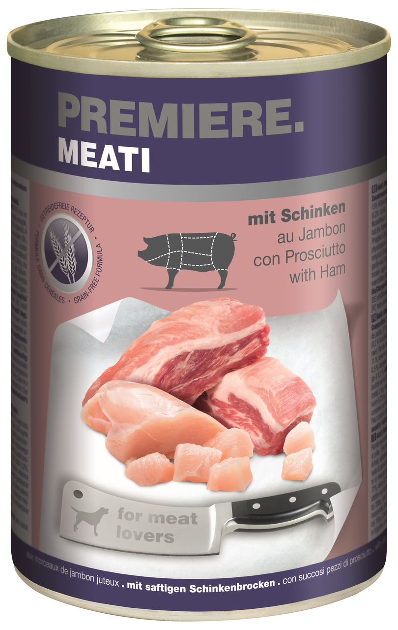 PREMIERE MEATI mit Schinken, für Hunde, getreidefrei, Geschmacksr. Schinken, saftige Stücke, 400g.