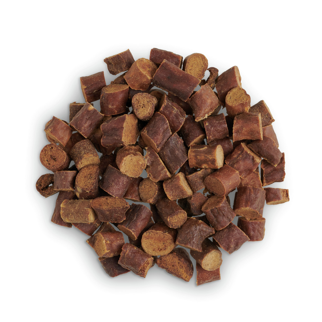 Das Bild zeigt eine Nahaufnahme von LOTTIS HÄPPCHEN Hundesnacks, geeignet für Hunde als Zielgruppe. Die Leckerlis bestehen aus kleinen, braunen, runden Stücken mit einer festen Textur. Sie sind ideal als Belohnung oder Snack für zwischendurch. Die Verpack