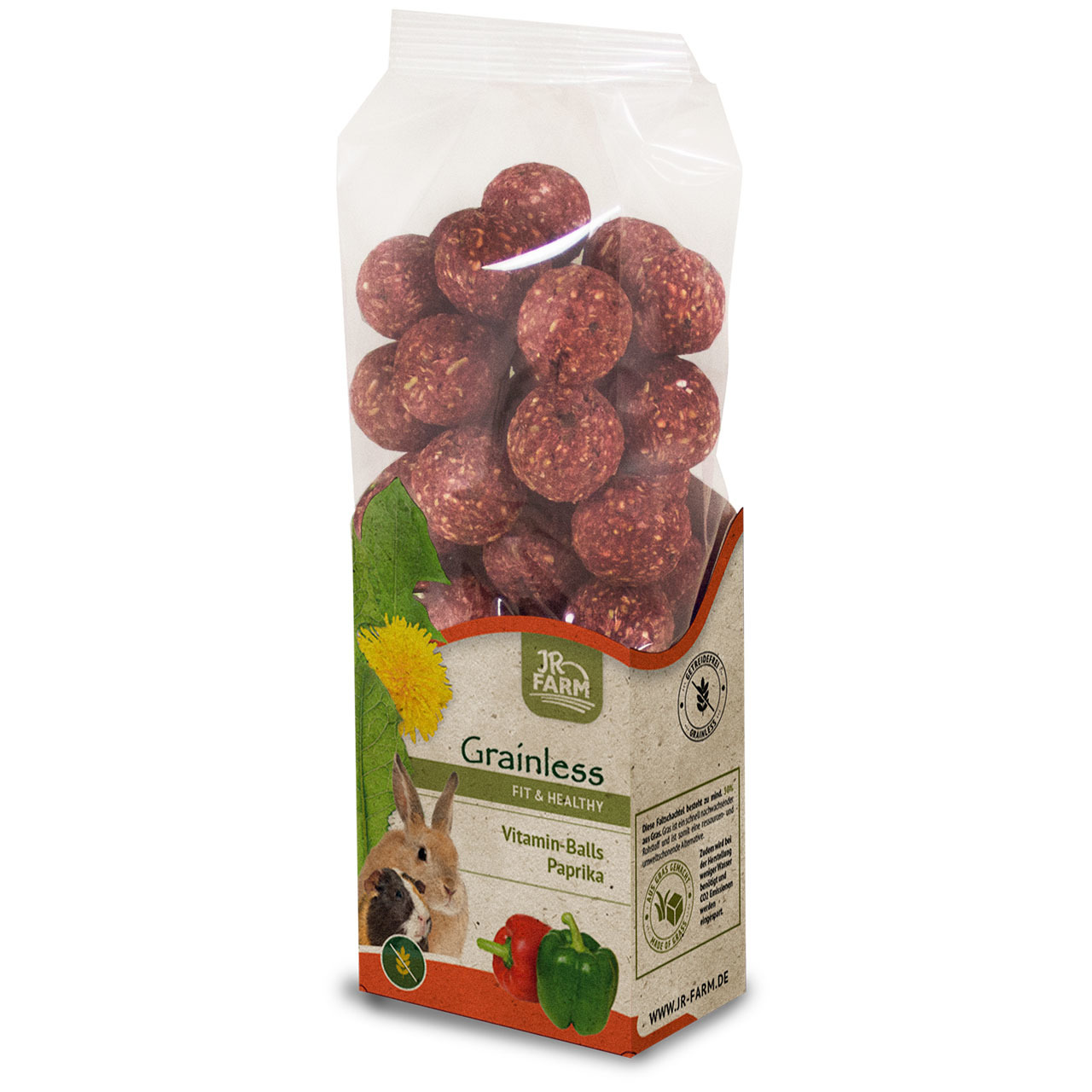 JR FARM Grainless Vitamin-Balls Paprika, Ergänzungsfutter f. Kaninchen-Nager, Paprika-Geschmack, rote Bällchen, Menge sichtbar.