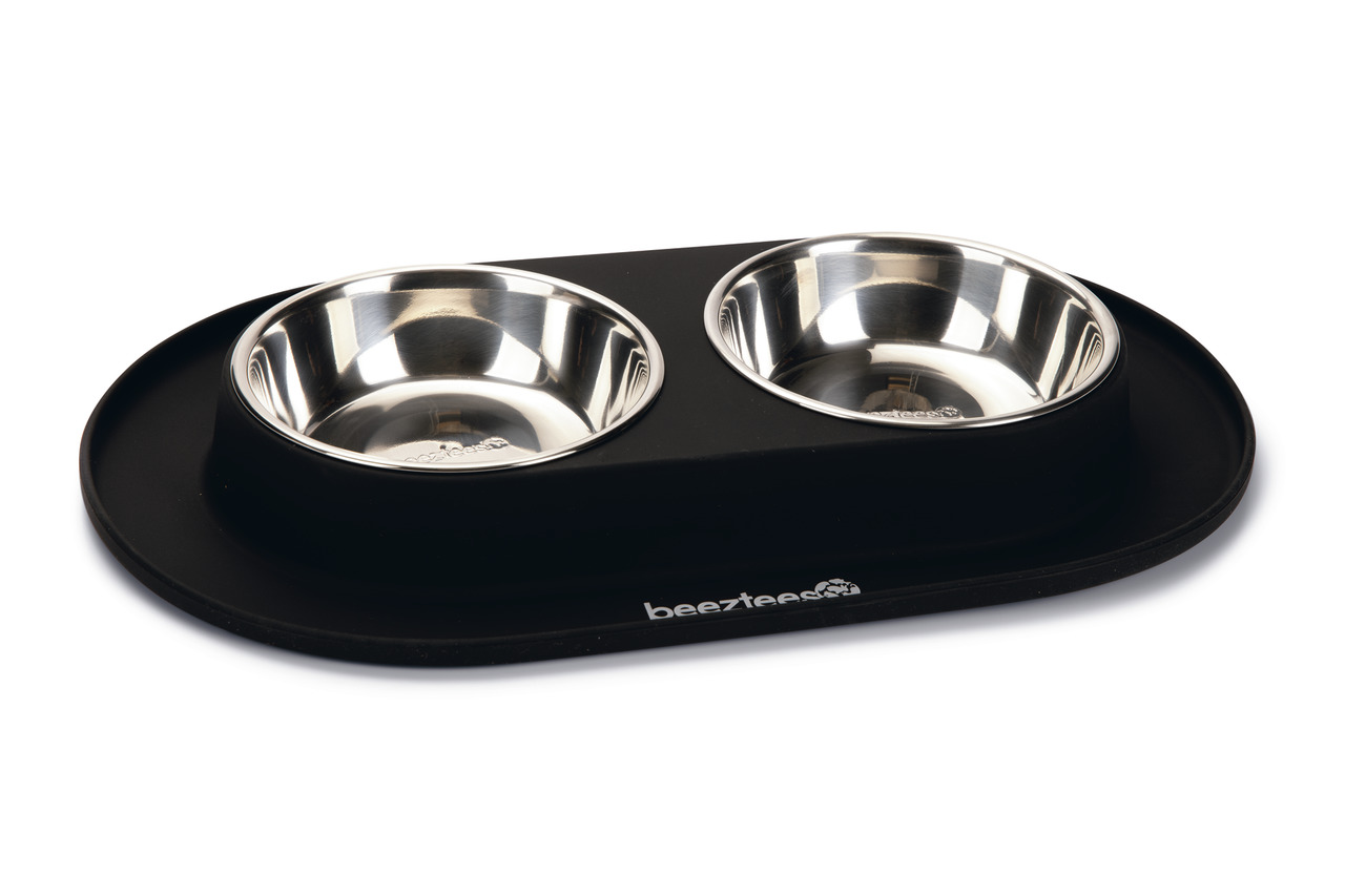 Beeztees Doppelnapf: Futternapf-Set für Hunde-Katzen, 2 Edelstahlnäpfe, rutschfeste Silikonunterlage, ideal für Wasser-Futter.
