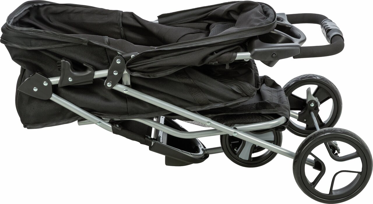 Schwarzer TRIXIE Haustier-Buggy aus stabilem Material mit vier Rädern und Griff für den sicheren Transport von Hunden oder Katzen.