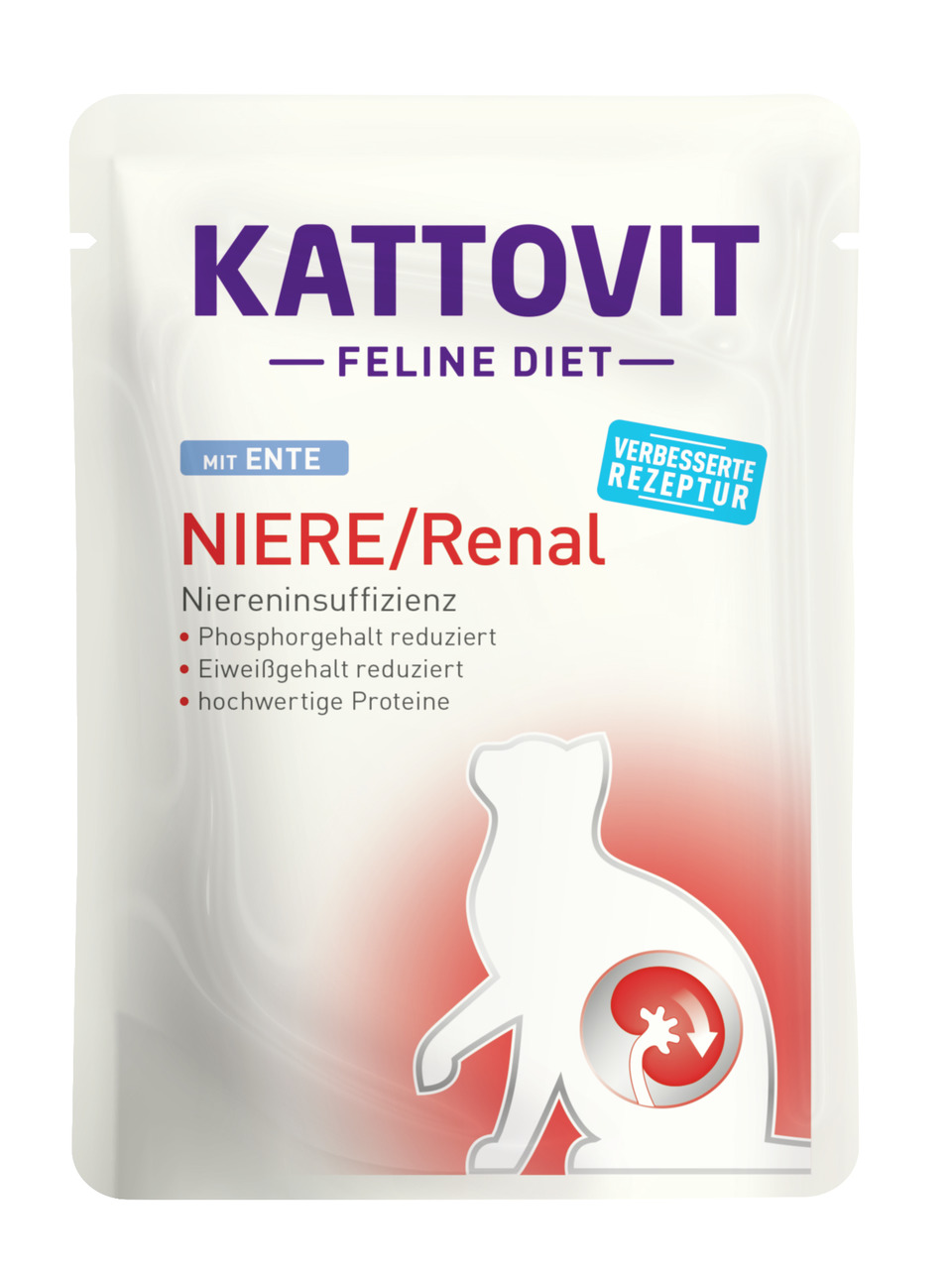 Kattovit Feline Diet Niere-Renal, Ente, für Katzen mit Niereninsuffizienz, phosphor--eiweißreduziert, 85 g, „Verbesserte Rezeptur“.