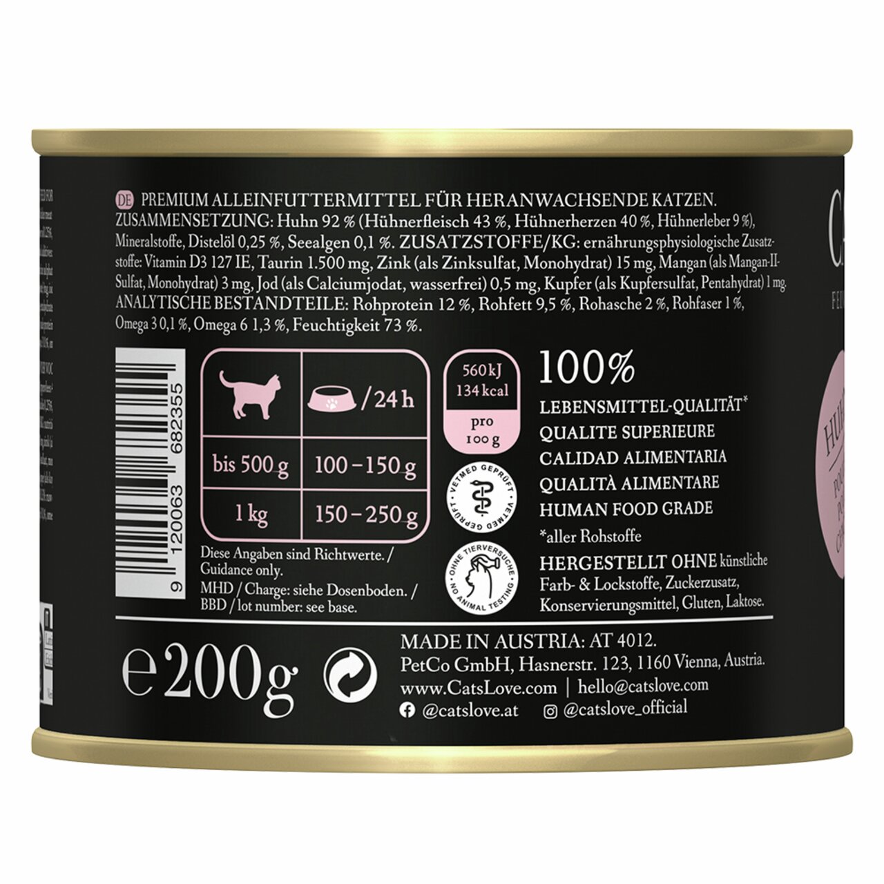 Cat's Love Premium-Katzenfutter, Huhn, 200g, für ausgewachsene Katzen, Lebensmittelqualität, ohne Zucker, Gluten, Laktose, aus Österreich.