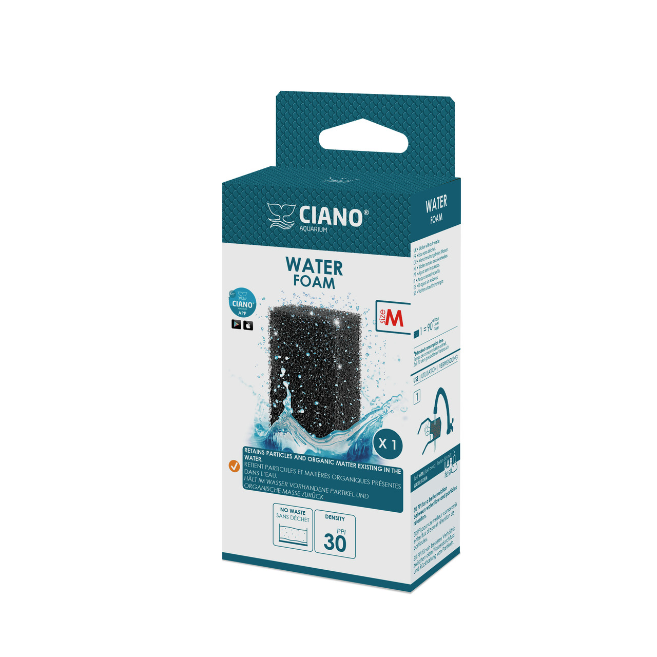 Ciano Water Foam M, Filtereinsatz f. Aquarien, entfernt Partikel-organ. Stoffe, PPI 30, 30 Tage Nutzungsdauer, 1 Stk.