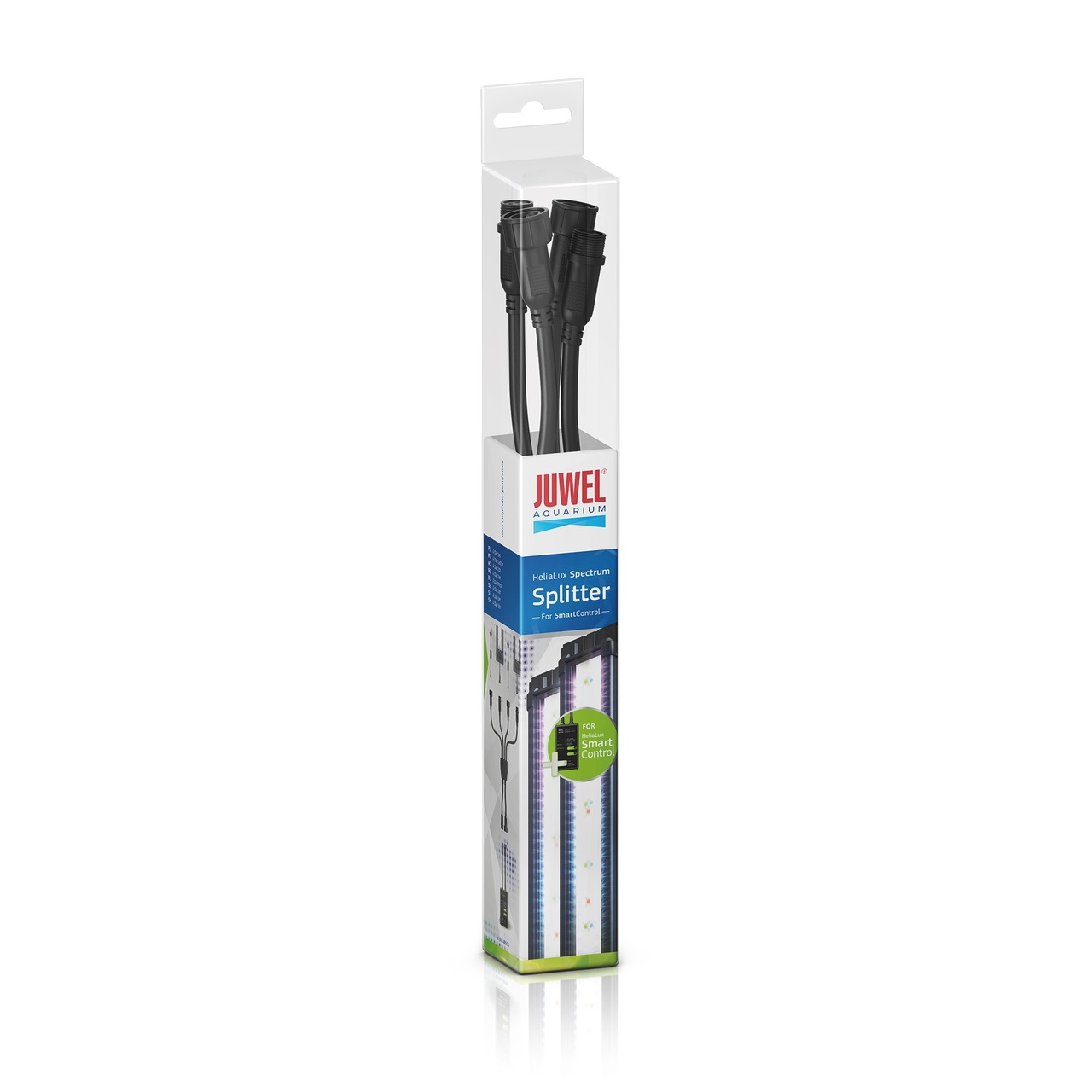 Das Bild zeigt den JUWEL HeliaLux Spectrum Splitter, ein Zubehör für Aquarienbeleuchtung. Der Splitter ist speziell für die Verwendung mit dem SmartControl-System konzipiert und ermöglicht die gleichzeitige Steuerung von zwei HeliaLux LED-Leuchten. Die Ve
