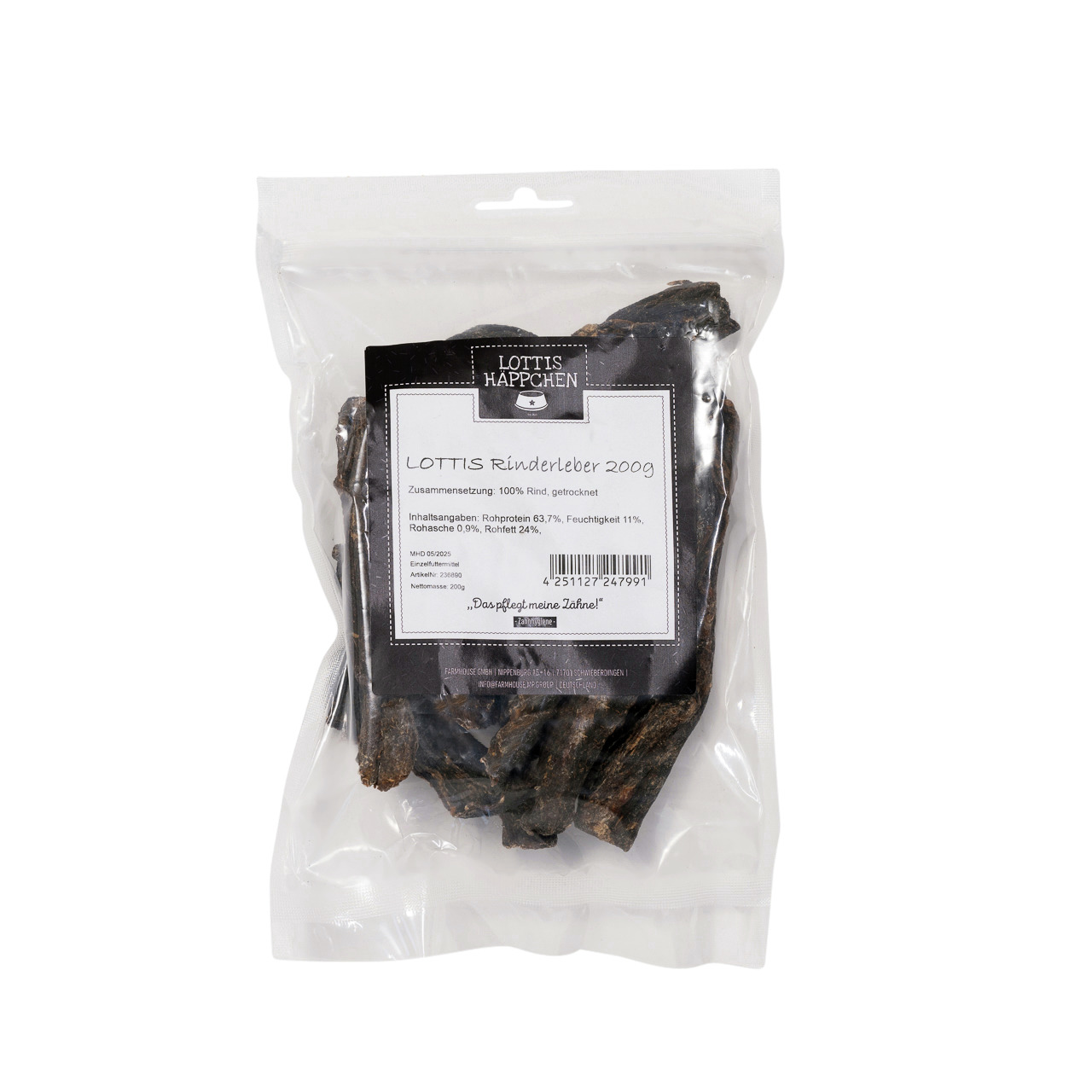 Das Bild zeigt eine transparente Verpackung des Produkts „LOTTIS HÄPPCHEN Rinderleber 200g“. Es handelt sich um getrocknete Rinderleber für Hunde. Die Zielgruppe sind Hundebesitzer, die auf natürliche Snacks setzen. Die Verpackung enthält 200g und wirbt m