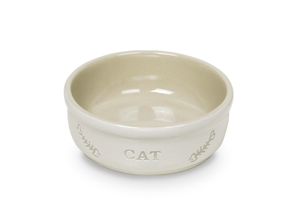 Nobby Keramik-Futternapf für Katzen, creme, „CAT“-Aufschrift, Fischgrätenmotiv, rutschfest, robust, leicht zu reinigen.