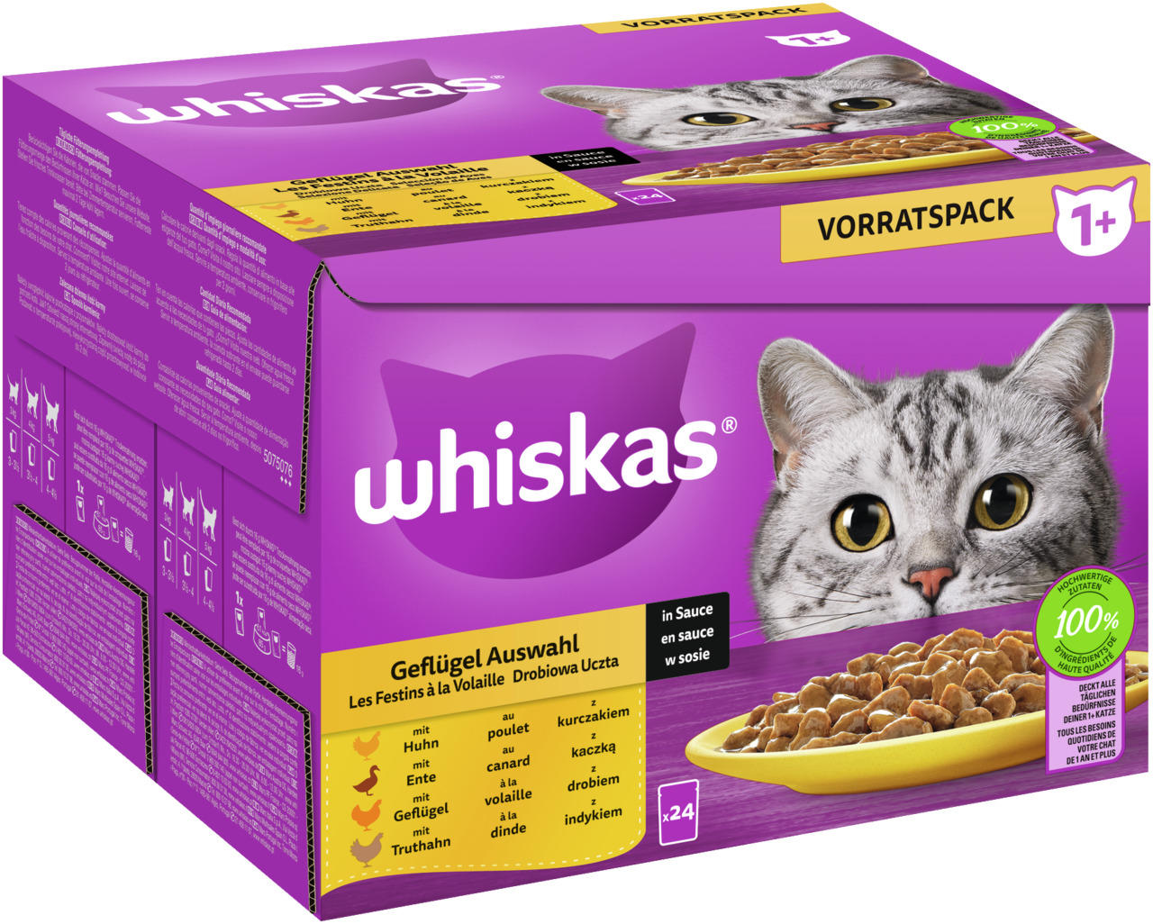 Whiskas Geflügel Auswahl, Katzen ab 1 J., 24 Beutel in Sauce (Huhn, Ente, Geflügel, Truthahn), 100 % hochwertige Zutaten, ausgew. Ernährung