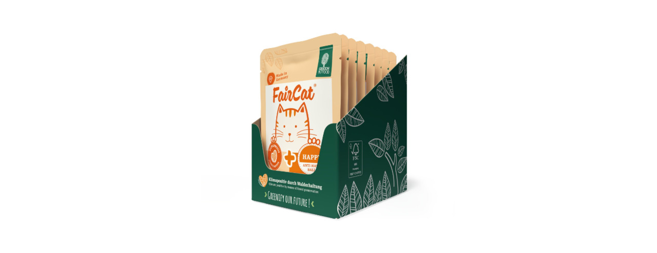 Green Petfood FairCat Happy: Nachhaltiges Katzenfutter für ausgewachsene Katzen, Geschmacksrichtung Huhn, umweltfreundl. Portionsbeutel.