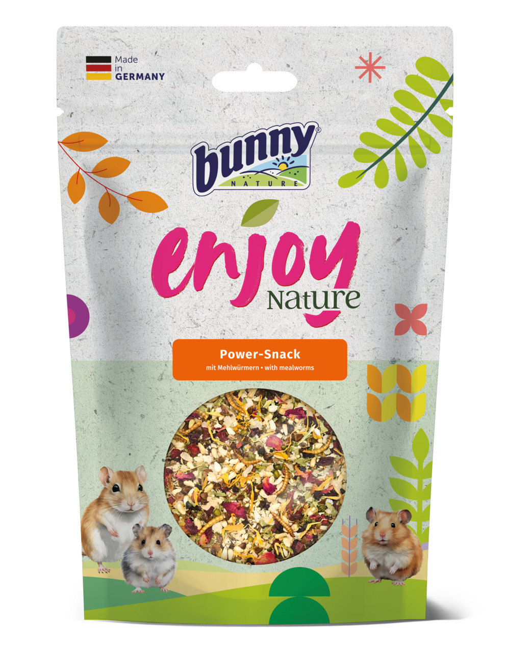 Bunny Nature Enjoy Nature Power-Snack, 50 g, für Hamster & Mäuse, mit Mehlwürmern, gesunder Snack, bunte Verpackung mit Sichtfenster.