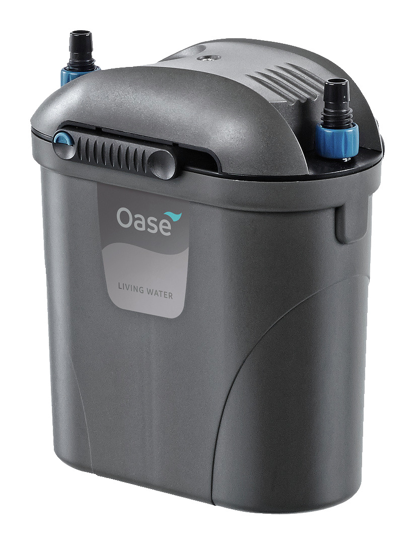 Oase BioMaster 250, Außenfilter für Aquarien, effiziente Wasseraufbereitung, modernes Design, 2 Anschlüsse, Oase-Logo „Living Water“.