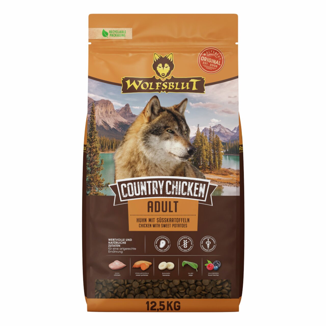 Wolfsblut Country Chicken, 12,5 kg, Hundefutter f. erwachsene Hunde, Huhn & Süßkartoffeln, getreidefrei, reich an Fleisch, leicht verdaulich.