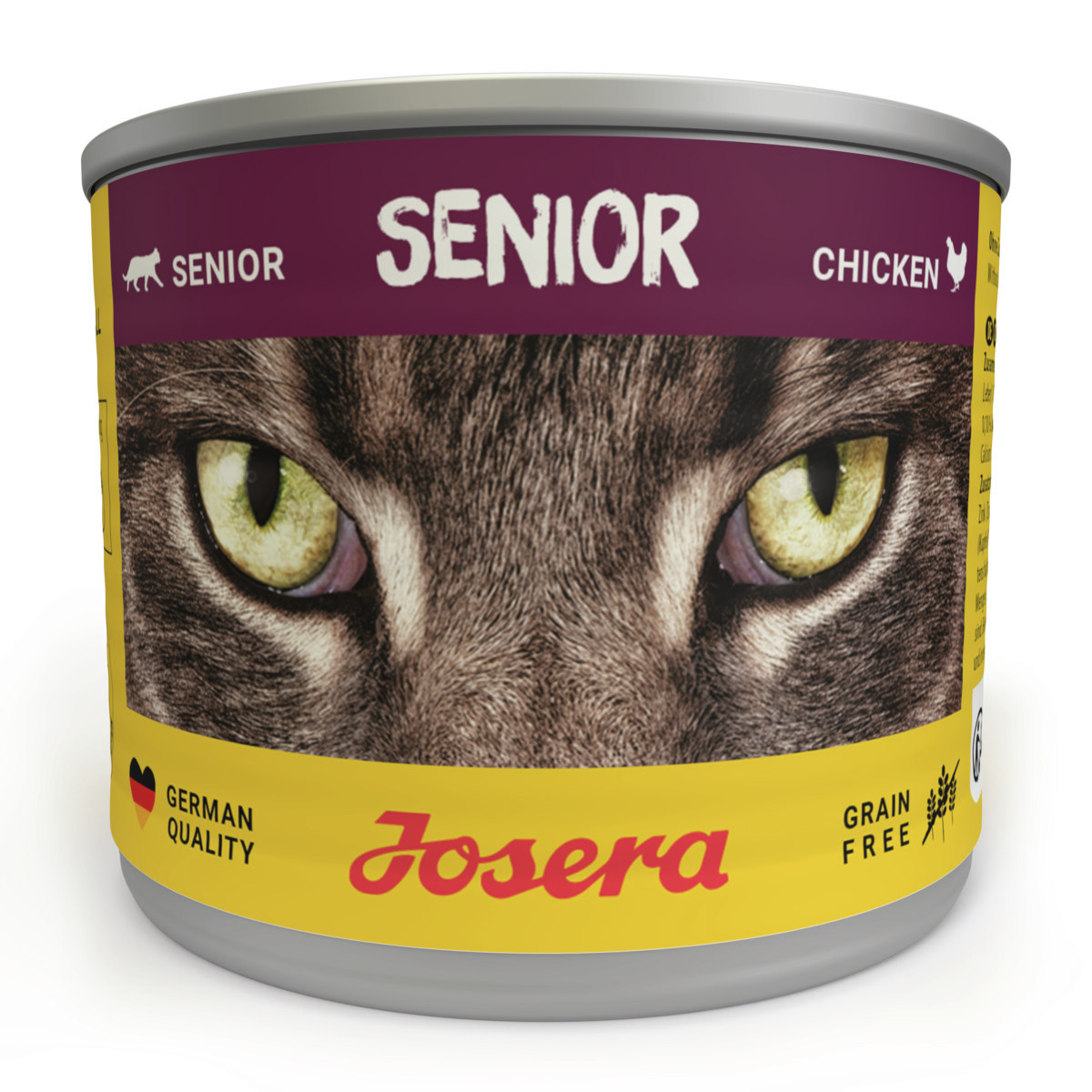 Das Bild zeigt eine Dose Josera Senior Katzenfutter mit Huhn-Geschmack, speziell für ältere Katzen. Die Vorderseite der Dose hebt die Marke Josera hervor, begleitet von der Aufschrift „German Quality“ und „Grain Free“. Die Menge des Inhalts ist nicht sich