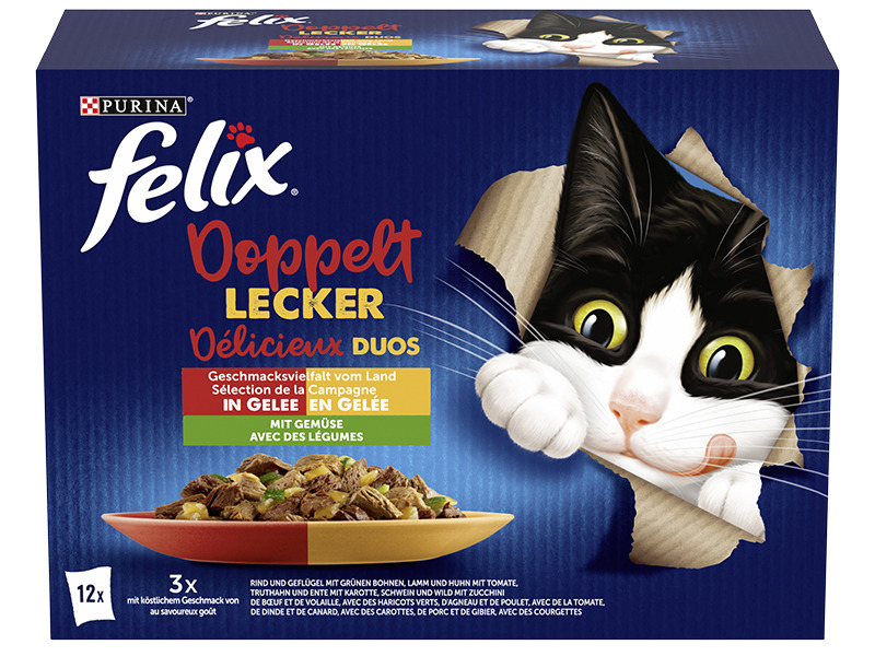 Purina Felix Doppelt Lecker Duos Katzenfutter, Geschmacksvielfalt Land in Gelee (Rind, Lamm, Huhn), 12 Portionen.