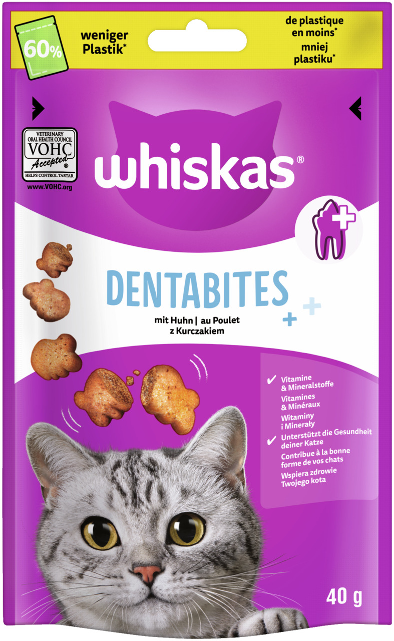Whiskas Dentabites Huhn, Zahnpflege-Snack für Katzen, 40 g, mit Vitaminen & Mineralstoffen, fördert Zahngesundheit.
