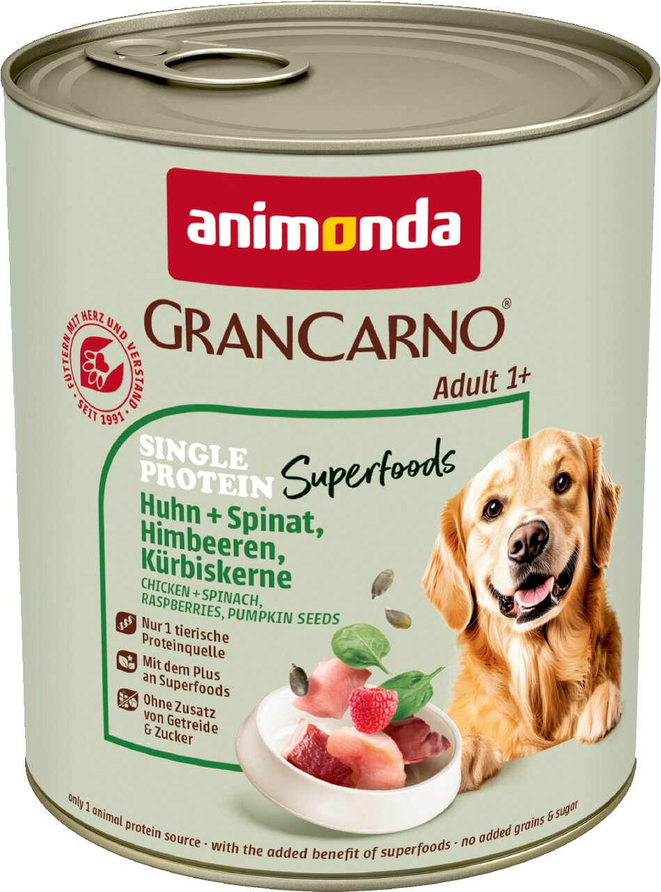 animonda GranCarno Adult 1+ Hundefutter Single Protein Superfoods, für adulte Hunde, Huhn mit Spinat, Himbeeren, Kürbiskernen