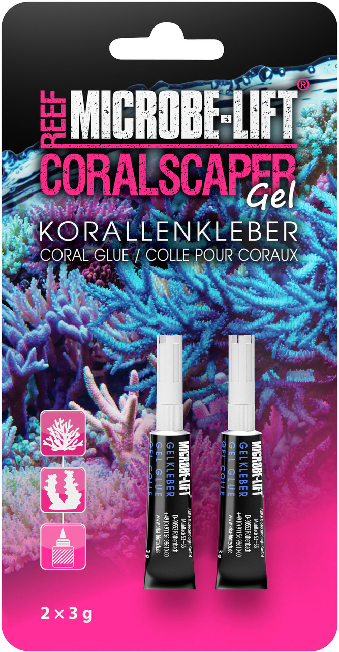 MICROBE-LIFT Coralscaper Gel: Korallenkleber für Aquarien, 2x3g, speziell für Korallen, auffällige Verpackung mit bunten Korallenmotiven.
