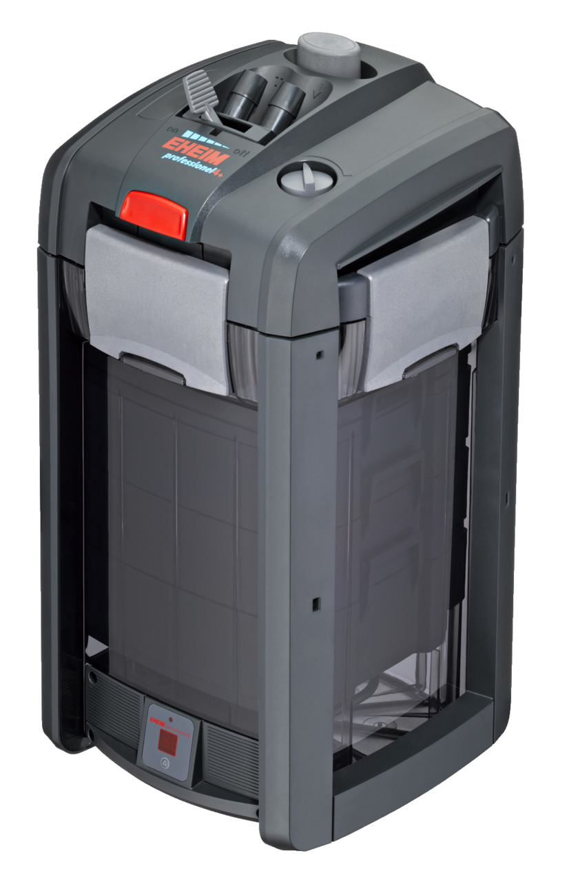 EHEIM professionel 4+ Außenfilter, für Süß-/Meerwasseraquarien, effiziente Reinigung, modernes Design, roter Knopf, digitales Display.