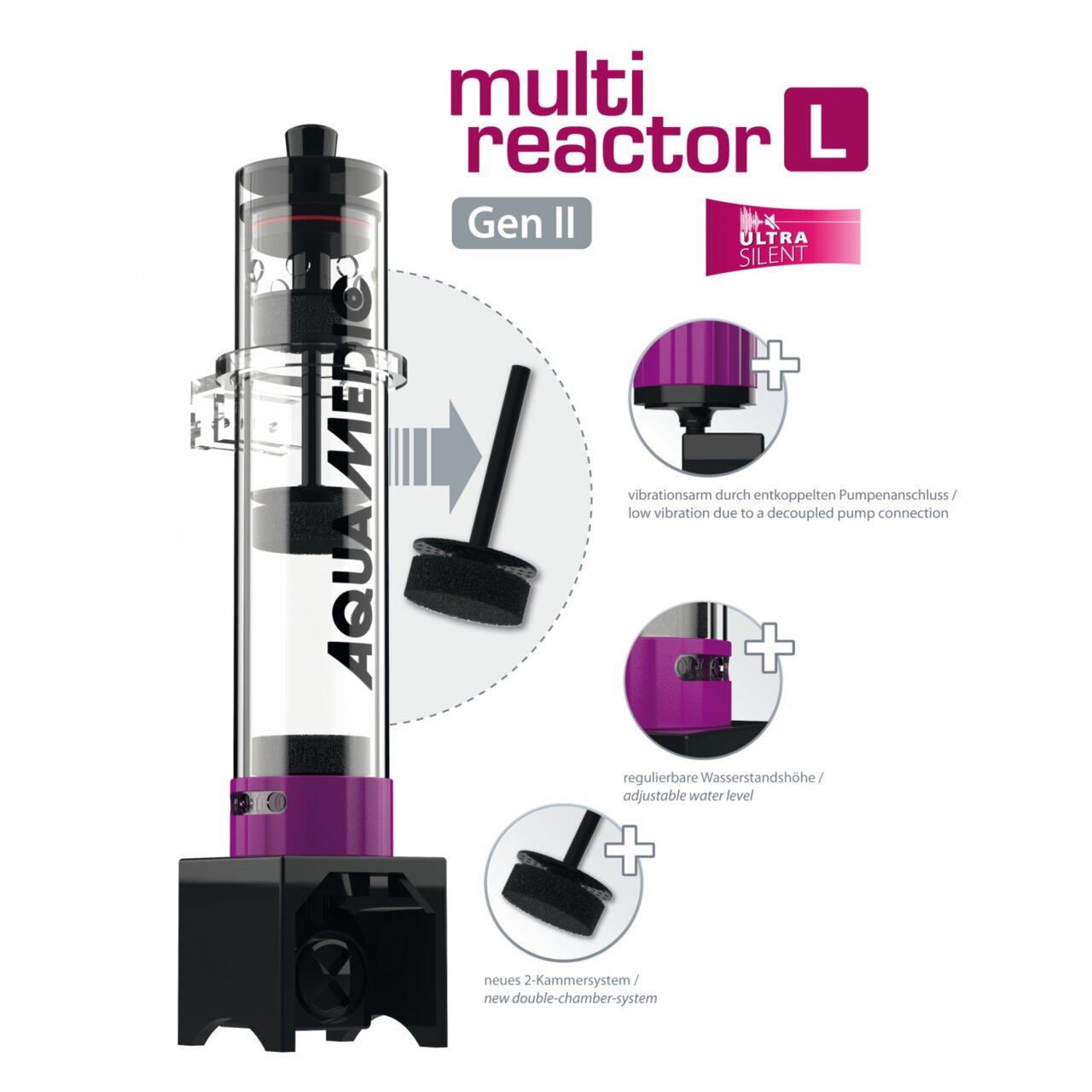 Aqua Medic Multi Reactor L Gen II: Aquarium-Zubehör, 2-Kammersystem, regulierbare Wasserhöhe, leiser Betrieb, modernes Design.
