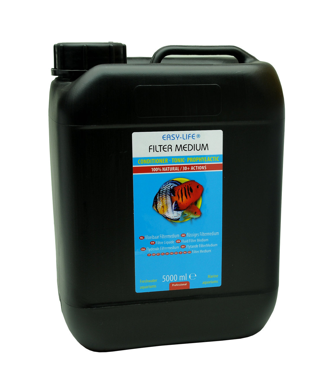 Easy-Life Filter Medium, 5L, für Süß--Meerwasseraquarien, 100 % natürlich, über 30 Funktionen, mit Diskusfisch auf Etikett.