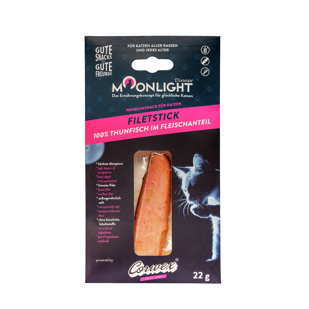 Corwex Moonlight Dinner Filetstick, Katzensnack, 100 % Thunfisch, 22 g, hohe Akzeptanz, weich, ohne künstl. Inhaltsstoffe.