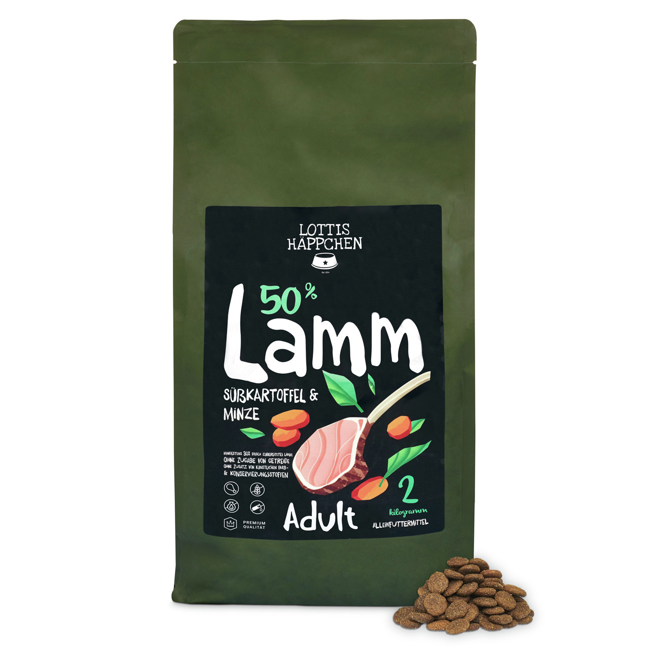 Lottis Häppchen 50 % Lamm, Süßkartoffel & Minze Adult Hunde Trockenfutter 2 kg