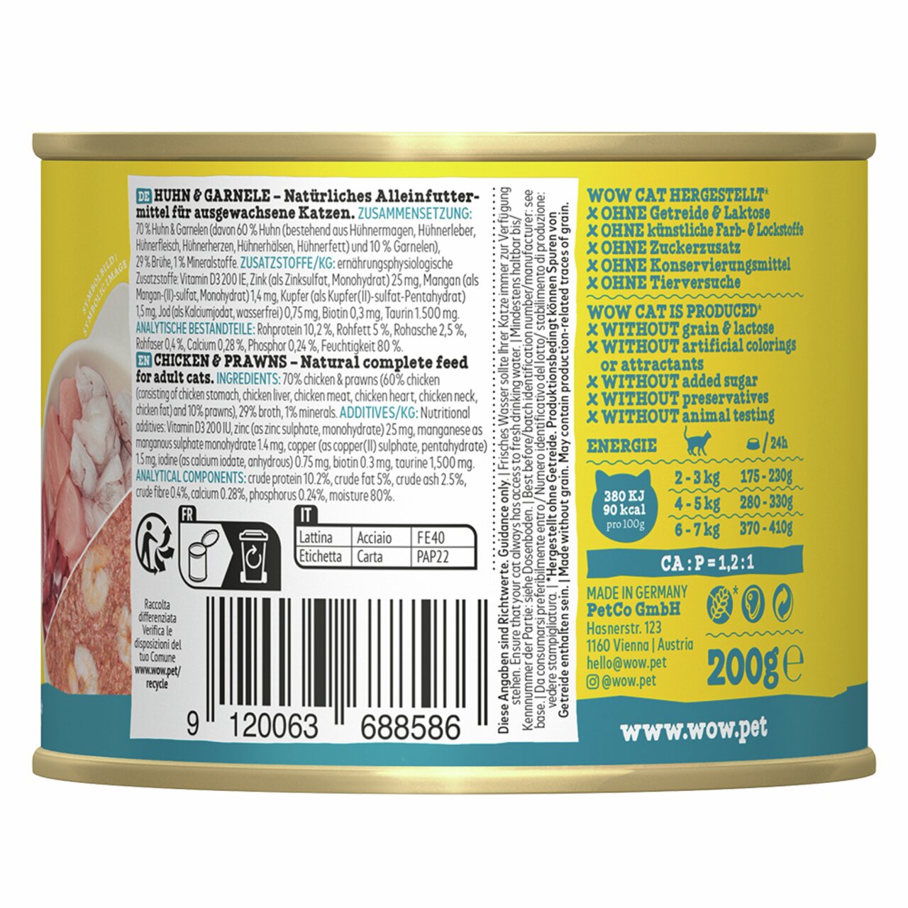 Dose WOW CAT Huhn & Garnele, Katzennassfutter, Adult, Getreidefrei, 200 g, ohne künstliche Zusätze, hergestellt in Deutschland.