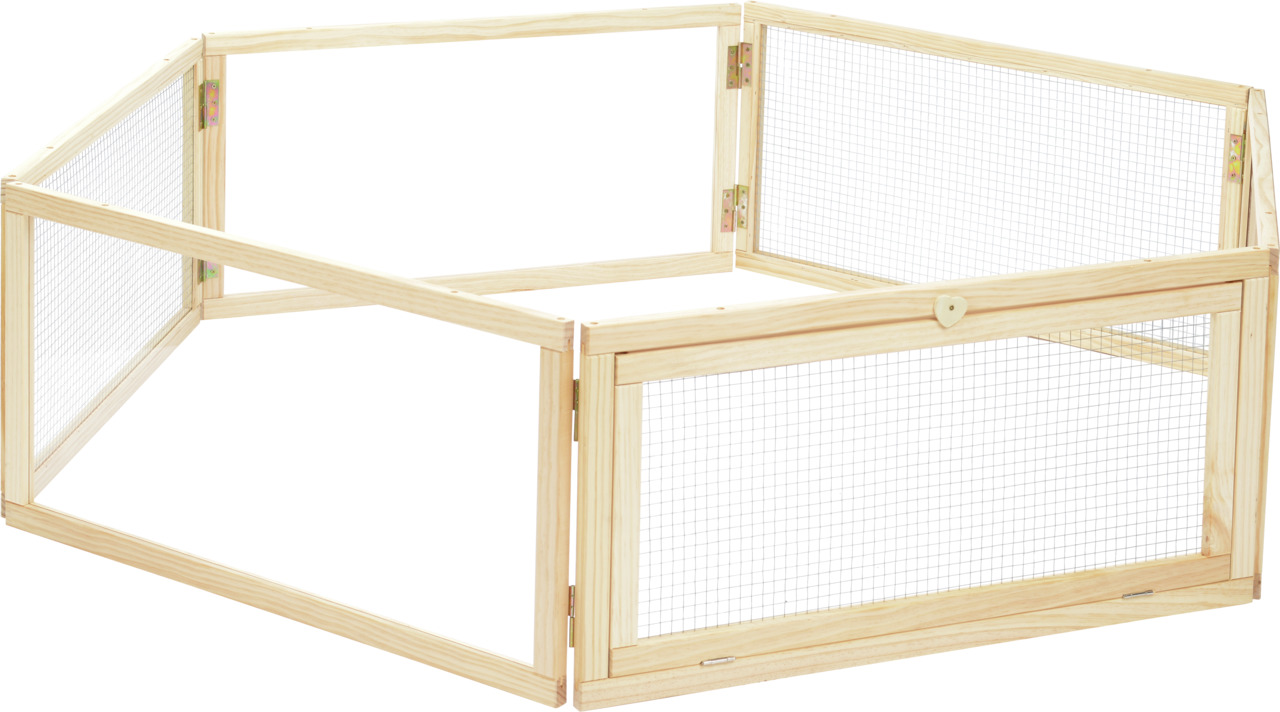 AniOne Freigehege für Kleintiere, sechseckig, Holz+Gitter, für Kaninchen-Meerschweinchen, belüftet, Schutz vor Raubtieren.
