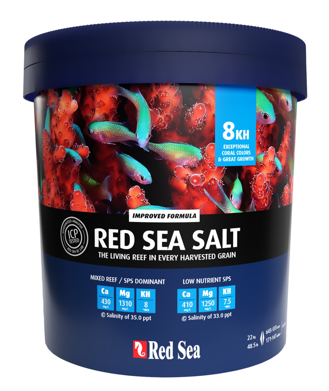 Das Bild zeigt einen Eimer des Produkts „Red Sea Salt“ der Marke Red Sea. Es handelt sich um ein Meersalz für Aquarien, das speziell für Korallen entwickelt wurde. Die Verpackung hebt die verbesserte Formel hervor, die außergewöhnliche Korallenfarben und 