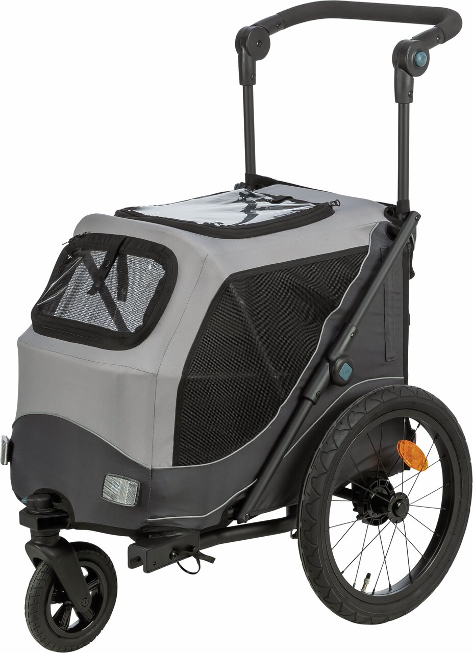 TRIXIE Hundeanhänger für den Fahrradtransport, graues Design, geeignet für Hunde, mit Netzfenstern und stabilen Rädern.