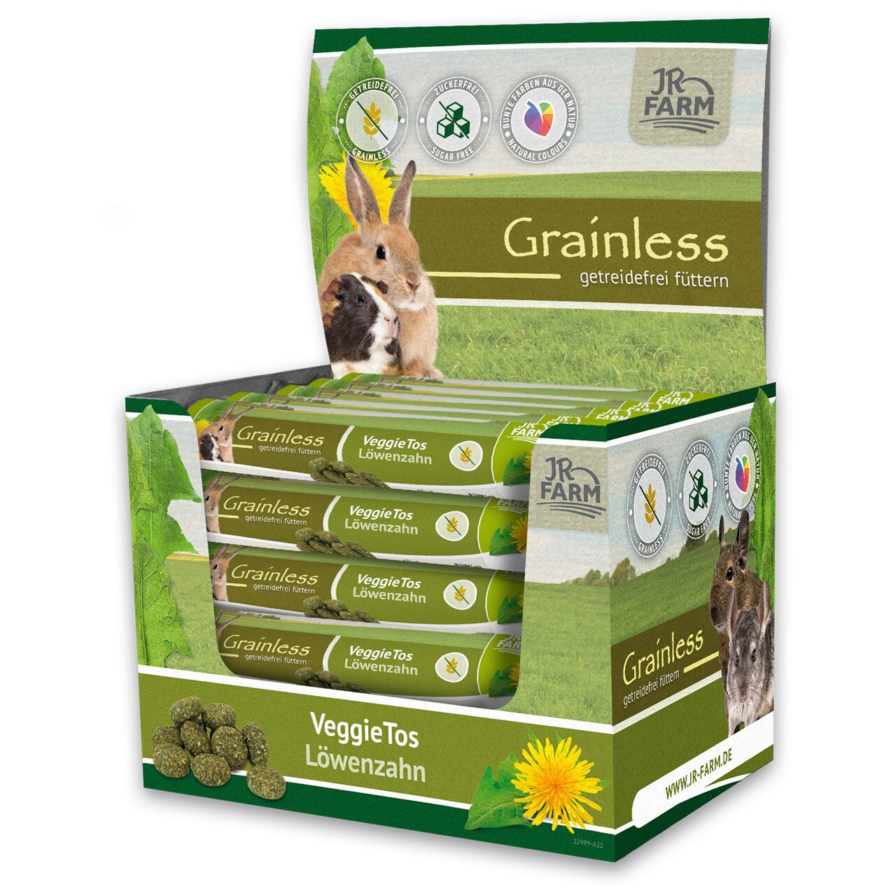 JR FARM VeggieTos Löwenzahn für Zwergkaninchen und Kleinnager, getreidefrei, zuckerfrei, 200 g Packung.