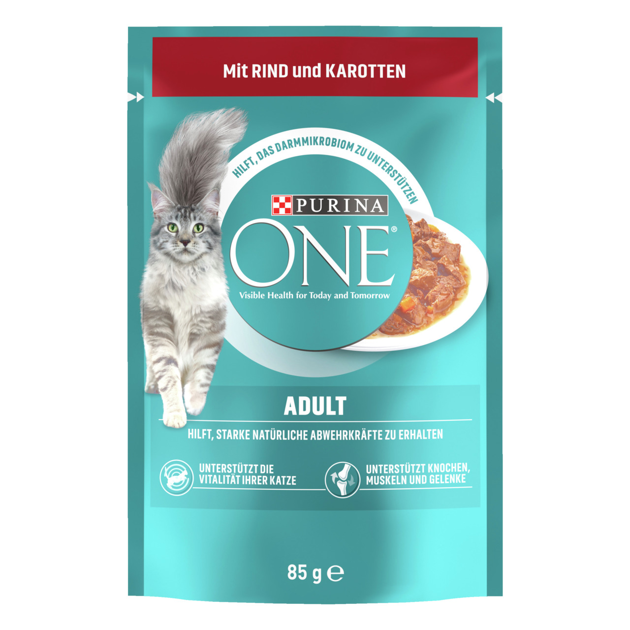 Purina ONE Adult Katzenfutter, Rind & Karotten, für ausgewachsene Katzen, stärkt Abwehrkraft & Vitalität, 85 g.