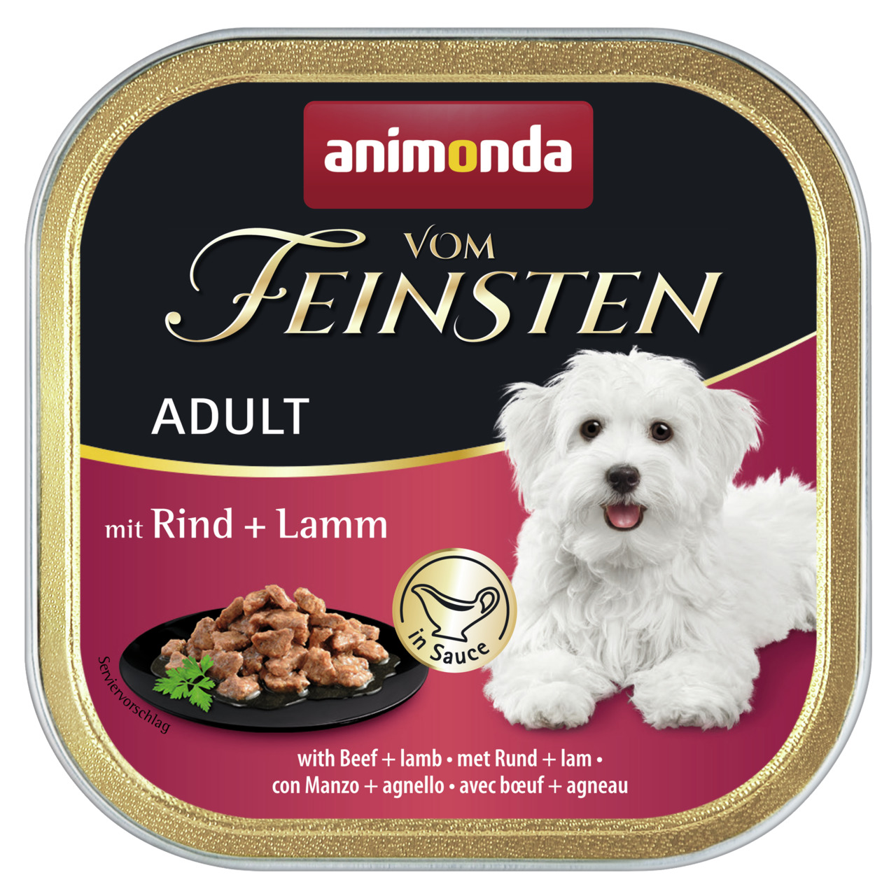 animonda Vom Feinsten Adult, Hundefutter für ausgewachsene Hunde, Rind & Lamm in Sauce, goldene Schale.
