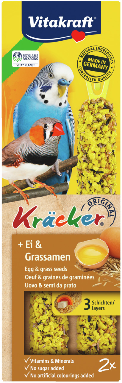 Vitakraft Kräcker Ei & Grassamen, für Wellensittiche & Ziervögel, 2 Stangen, mit Vitaminen, ohne Farbstoffe/Zucker, recycelbar.
