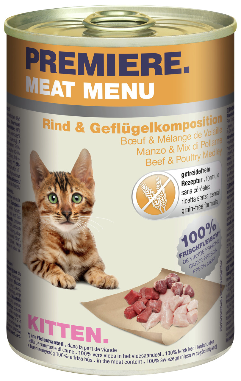 PREMIERE MEAT MENU Katzenfutter Kitten, Rind & Geflügel, getreidefrei, 100 % Frischfleisch, Dose mit Kätzchen & Fleischstücken.