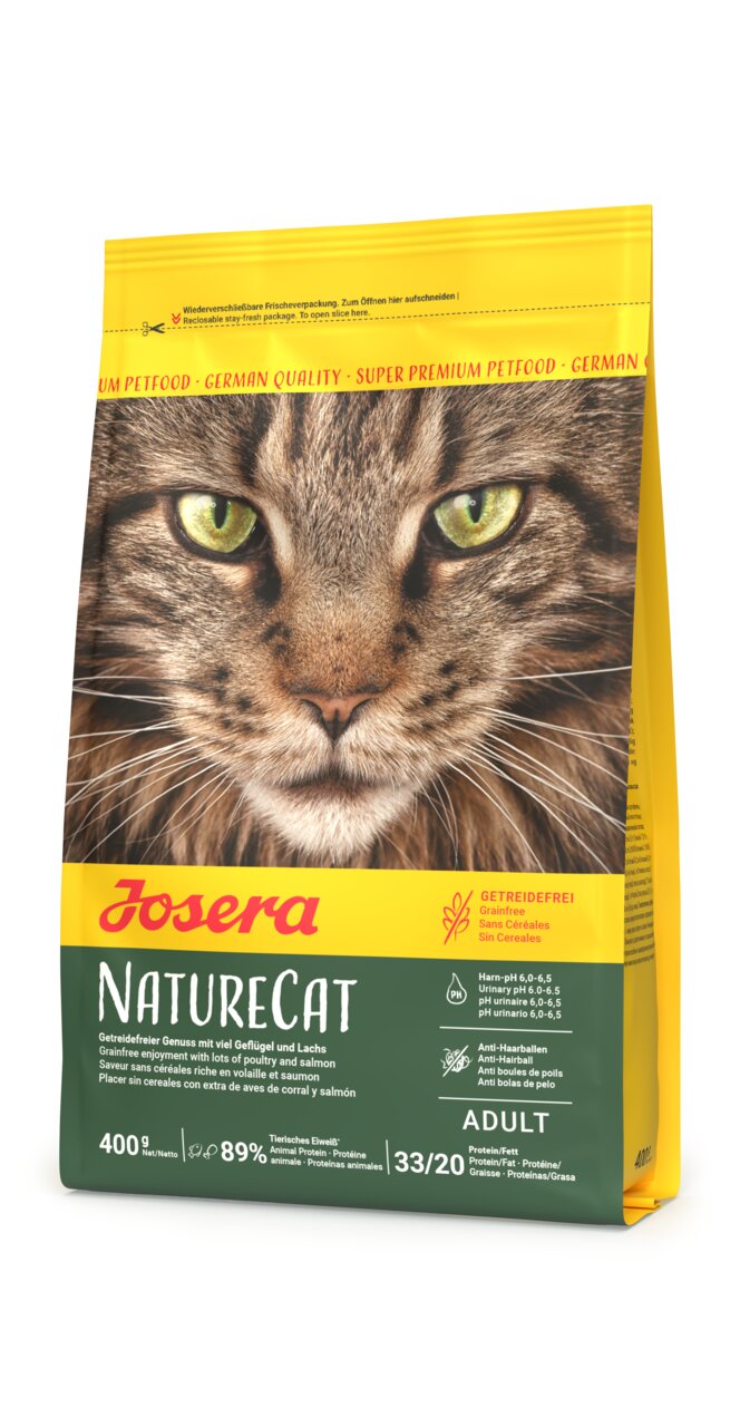 Josera NatureCat Katzenfutter für adulte Katzen mit Geflügel und Lachs, getreidefrei, gegen Haarballen, 400 g.
