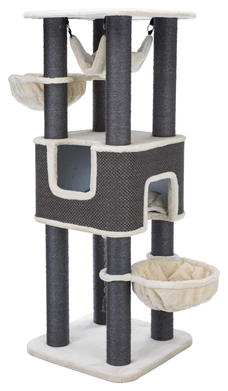 TRIXIE Kratzbaum „Filippo“ für Katzen, mit Liegeflächen, Hängematten, Höhlen, Sisalsäulen, grau/beige, ca. 142 cm hoch.