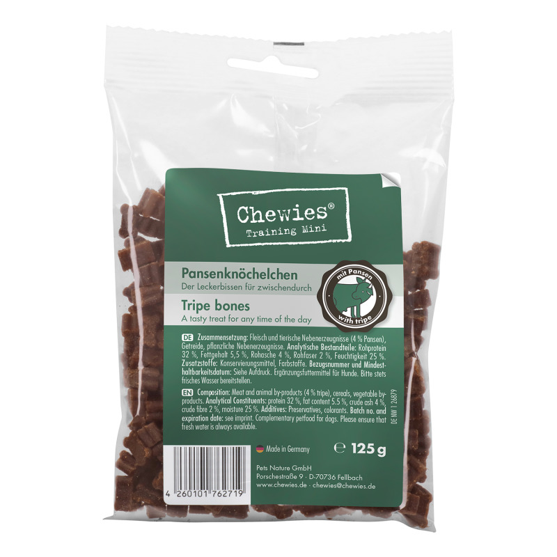 Chewies Training Mini Pansenknöchelchen, für Hunde, Geschmack Pansen, 125 g, "Der Leckerbissen für zwischendurch", Made in Germany.