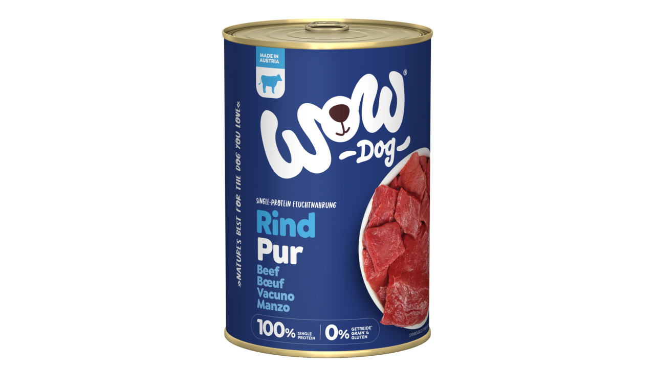 Das Bild zeigt eine Dose Hundefutter der Marke "WOW DOG" mit der Geschmacksrichtung "Rind Pur". Die Zielgruppe sind Hunde, und das Produkt ist ein Single-Protein-Feuchtfutter, das zu 100 % aus Rindfleisch besteht. Es ist getreide- und glutenfrei. Die Dose