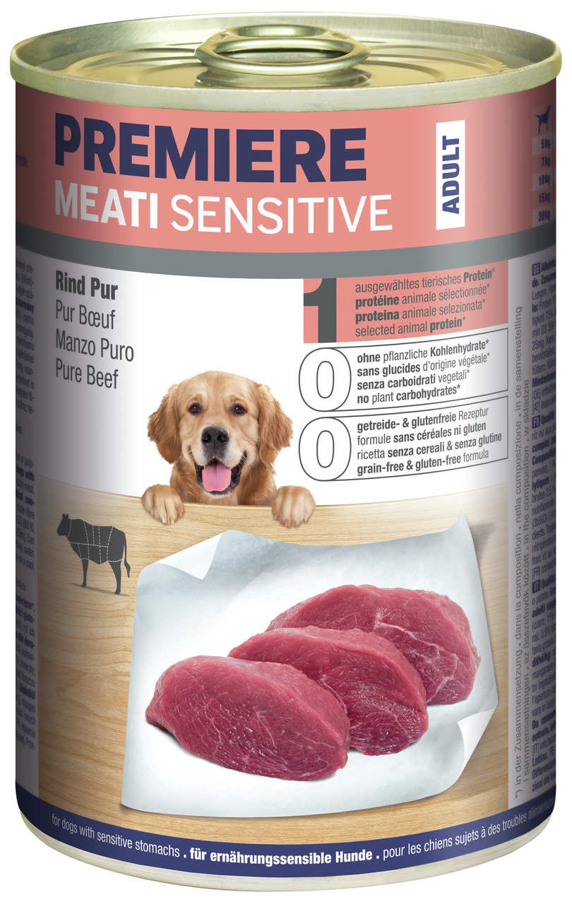 PREMIERE Meati Sensitive Adult, Rind Pur, für ernährungssensible Hunde, getreide- & glutenfrei, 400 g.