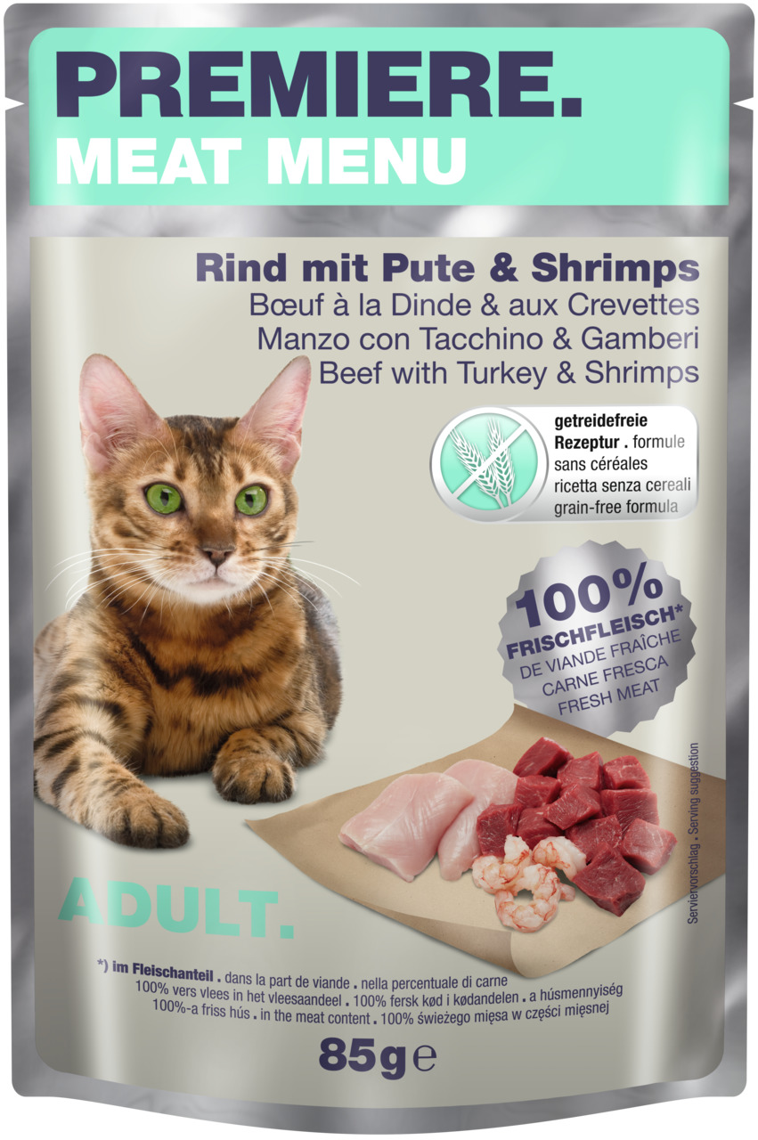 Das Bild zeigt eine Verpackung des Katzenfutters "PREMIERE Meat Menu" in der Sorte "Rind mit Pute & Shrimps". Es handelt sich um ein getreidefreies Nassfutter für ausgewachsene Katzen (Adult). Die Verpackung enthält 85 g und wirbt mit 100 % Frischfleisch 