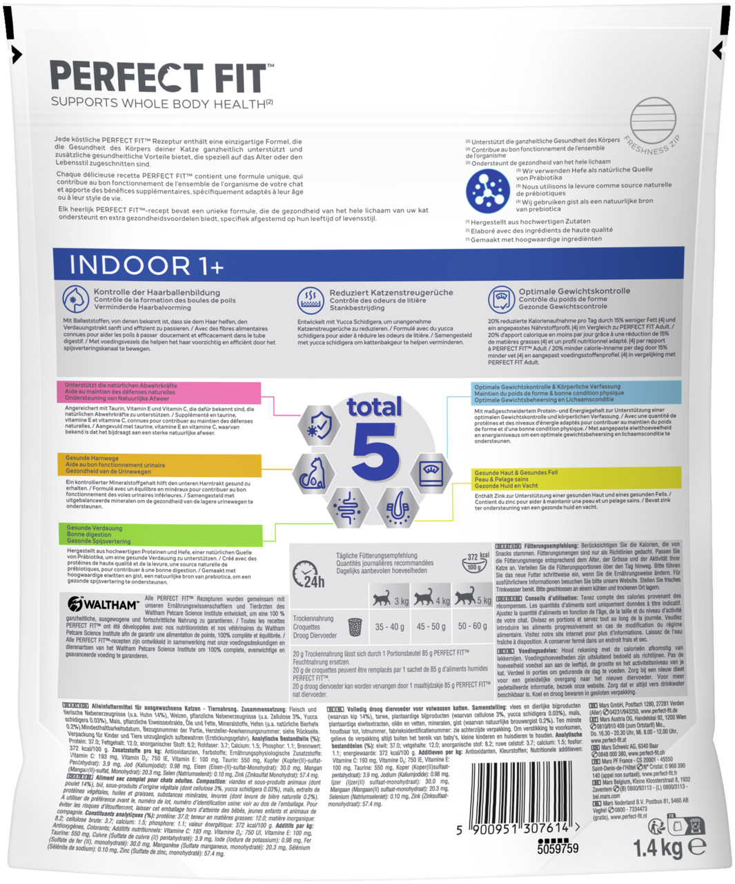 Perfect Fit Indoor 1+, Katzen, Geflügel, 1,4 kg, unterstützt Haut, Fell, Gewicht, „Total 5“-Formel für ganzheitl. Gesundheit.