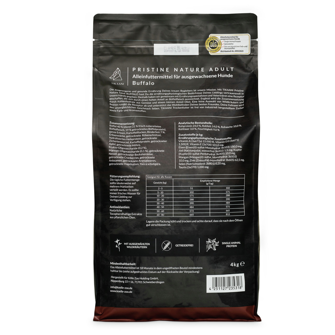 TIKAANI Pristine Nature Adult Buffalo, getreidefreies Alleinfutter f. Hunde, Büffel, 4 kg, natürliche Zutaten, Wildkräuter, Single-Protein.