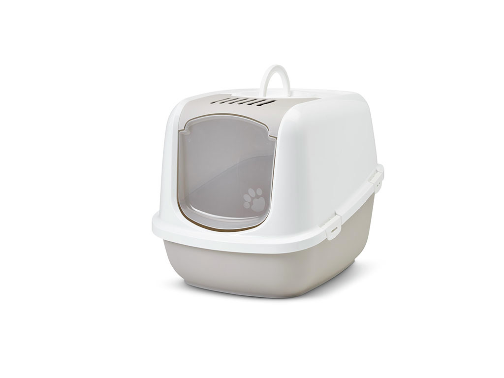 Geschlossene Katzentoilette SAVIC Nestor für Katzen, geeignet für alle Katzenrassen. Die Toilette in Weiß und Beige verfügt über eine Schwingtür mit Pfotenmotiv, einen Tragegriff und Belüftungsschlitze. Ideal für eine hygienische und geruchsarme Umgebung.