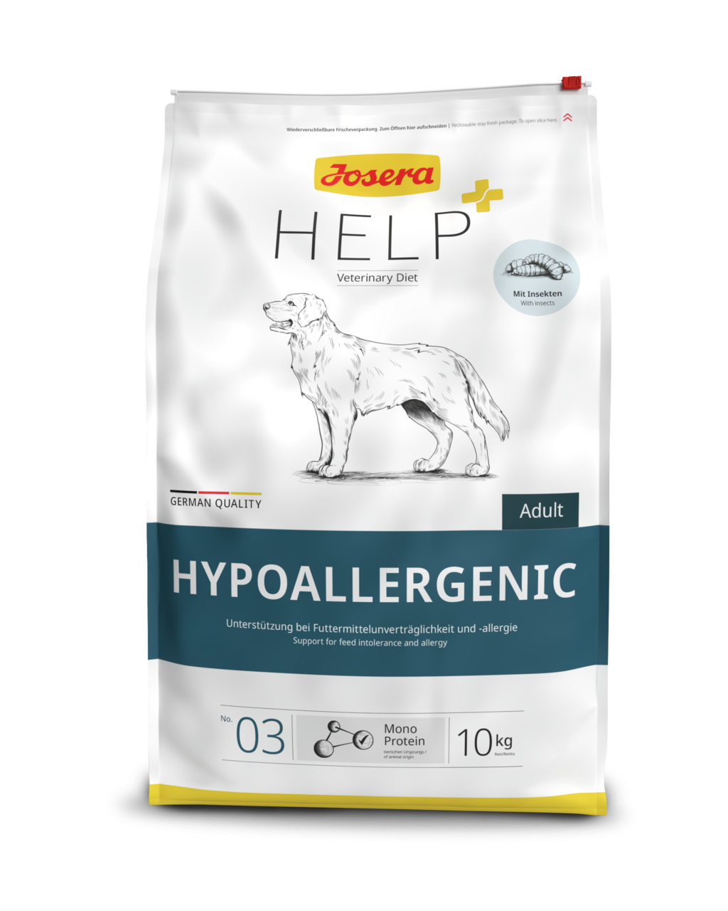 Josera Help Hypoallergenic, 10 kg, für ausgewachsene Hunde, hypoallergen, mit Insektenprotein, Diätfutter bei Allergien.