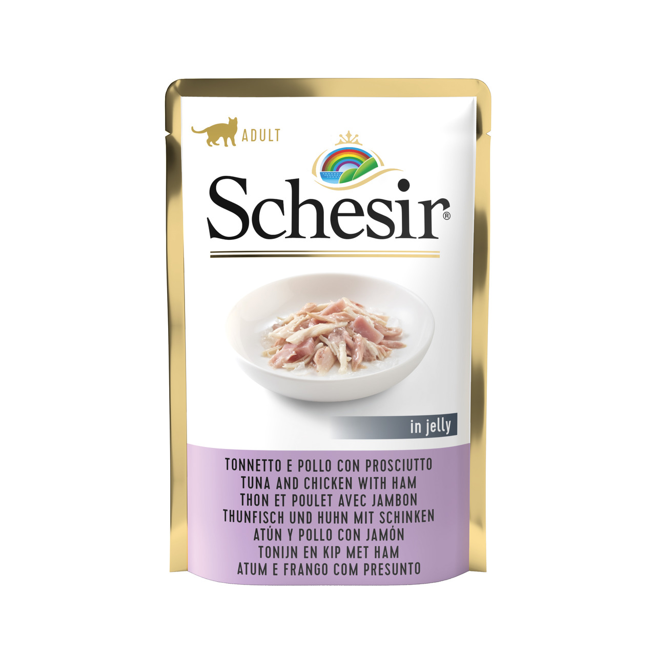 Sparpaket 40 x 85 g Schesir Adult Thunfisch und Huhn mit Schinken in Jelly Katzen Nassfutter