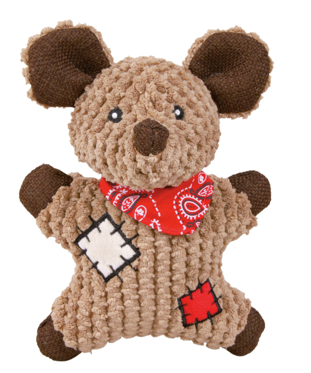 Das Bild zeigt das Hundespielzeug „TRIXIE Patchwork-Bär“ für Hunde. Es handelt sich um ein weiches Plüschspielzeug in Bärenform mit brauner Struktur, roten und weißen Patchwork-Details sowie einem roten Halstuch mit Paisley-Muster. Geeignet für Hunde alle