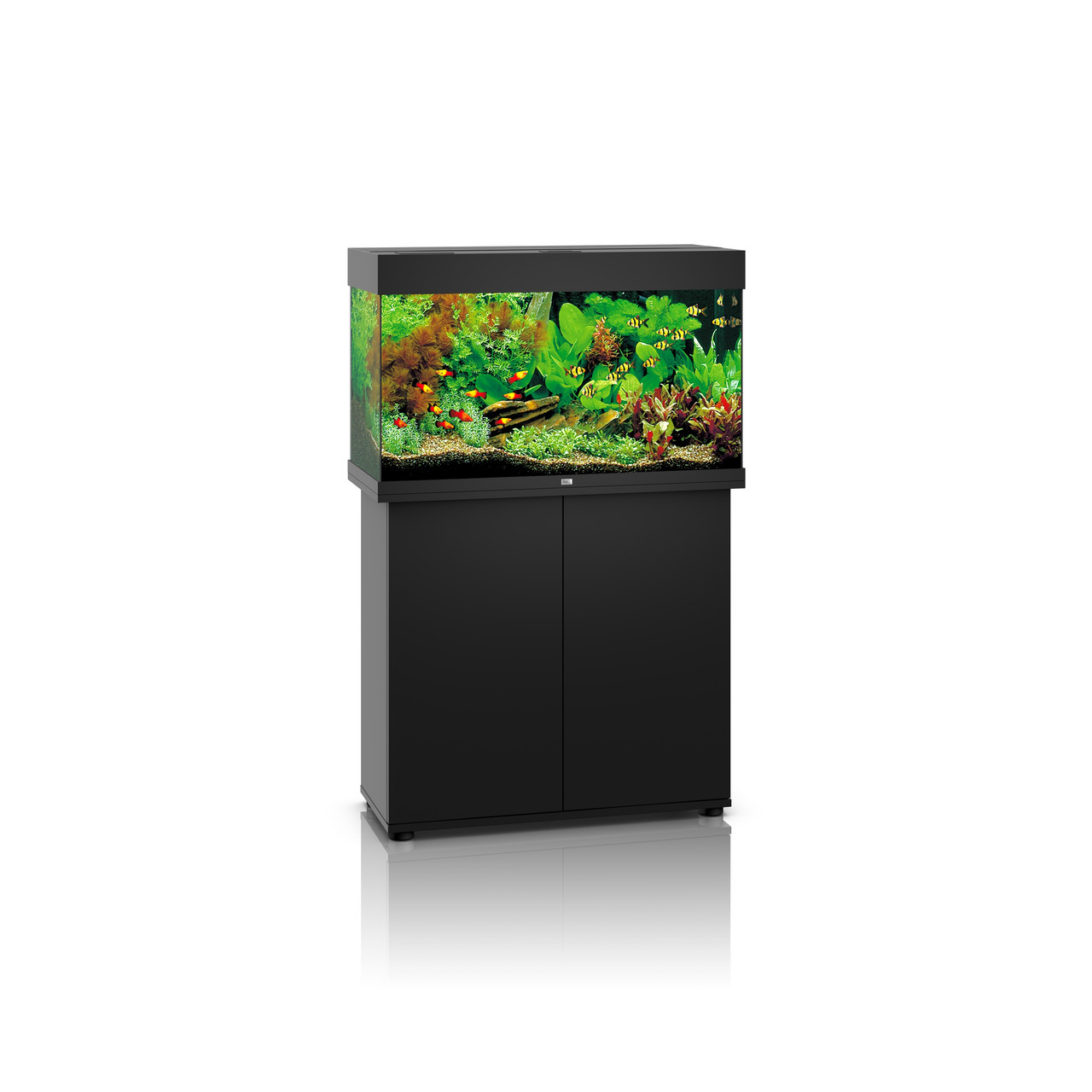 Das Bild zeigt das JUWEL Aquarium Rio 180 in Schwarz, ein hochwertiges Aquarium für Aquaristik-Enthusiasten. Es ist mit einer großzügigen Kapazität von 180 Litern ideal für Süßwasserfische. Das Design umfasst ein rechteckiges Becken mit üppiger Pflanzenla