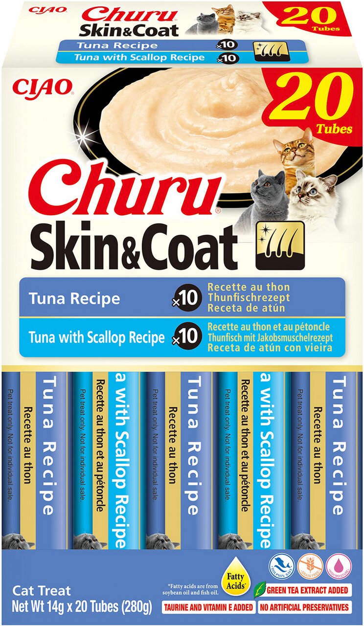 CIAO Churu Skin & Coat Katzensnack, Thunfisch & Jakobsmuschel, mit Grüntee-Extrakt, 20 Tuben à 14 g (280 g), für gesunde Haut & Fell.