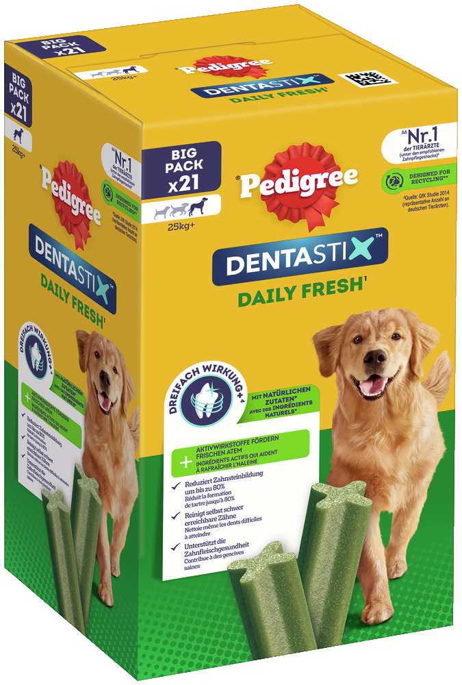 Das Bild zeigt eine gelbe Verpackung des Produkts „Pedigree Dentastix Daily Fresh“ in der Geschmacksrichtung mit natürlichen Zutaten. Es handelt sich um einen Big Pack mit 21 Kausticks, geeignet für Hunde ab 25 kg. Die Verpackung hebt die dreifache Wirkun